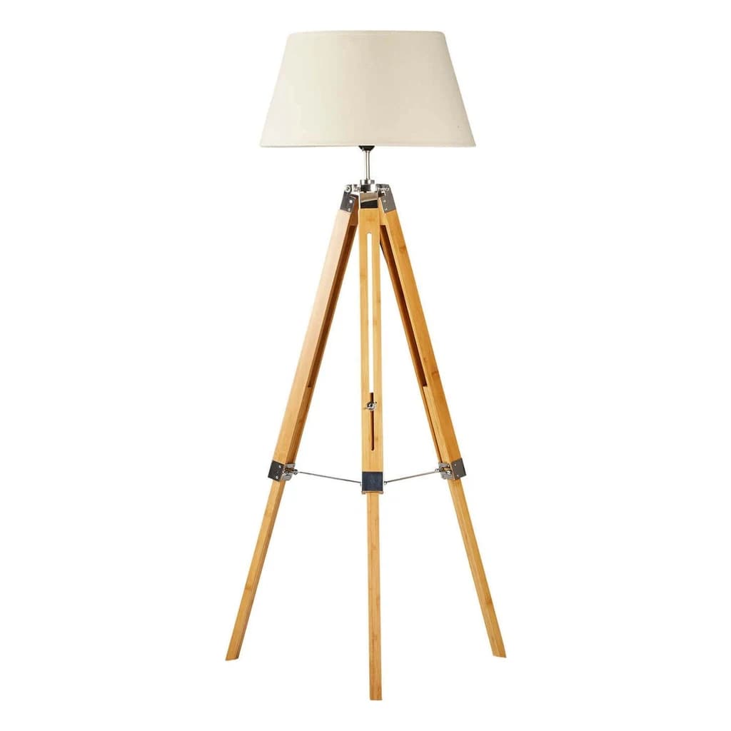 Linen-Shade Floor Lamp with Wooden Tripod Legs
